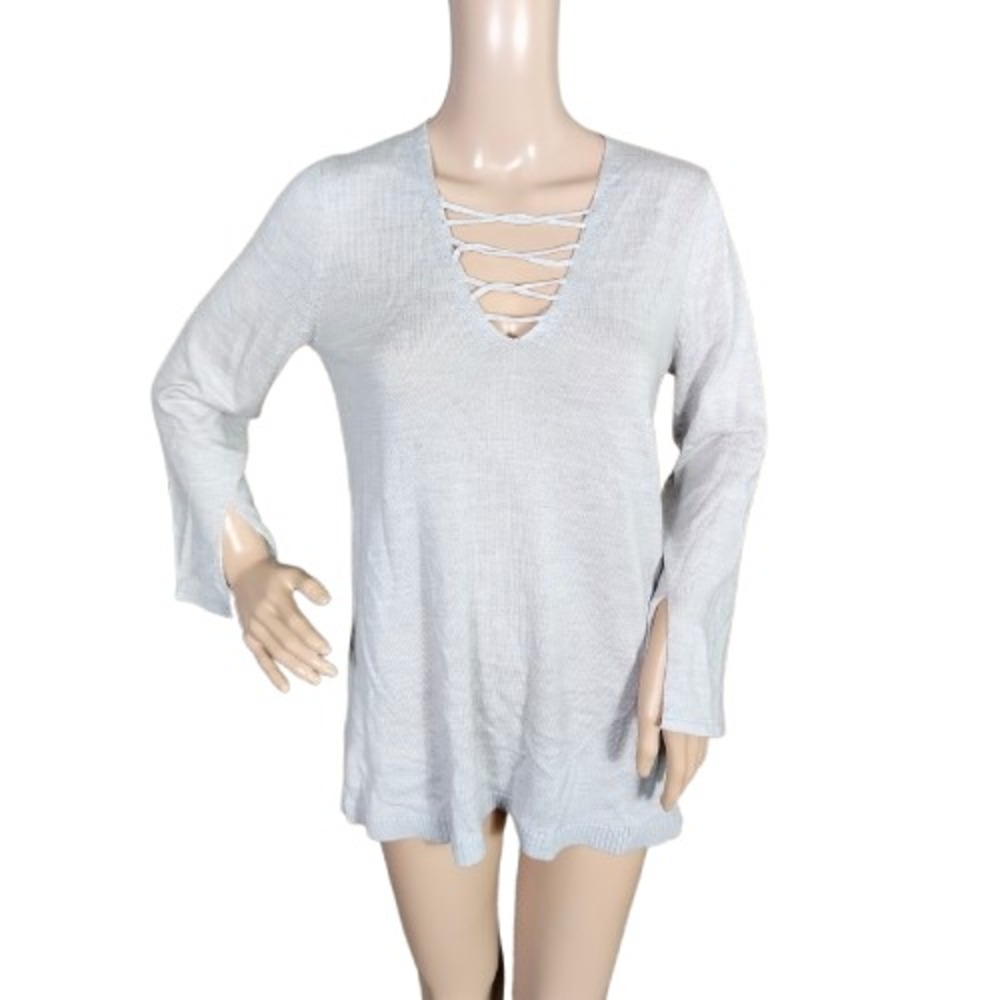 525 America Sweater Womens Small Gray Merino Wool Crisscross‎ V Neck  Cozycore